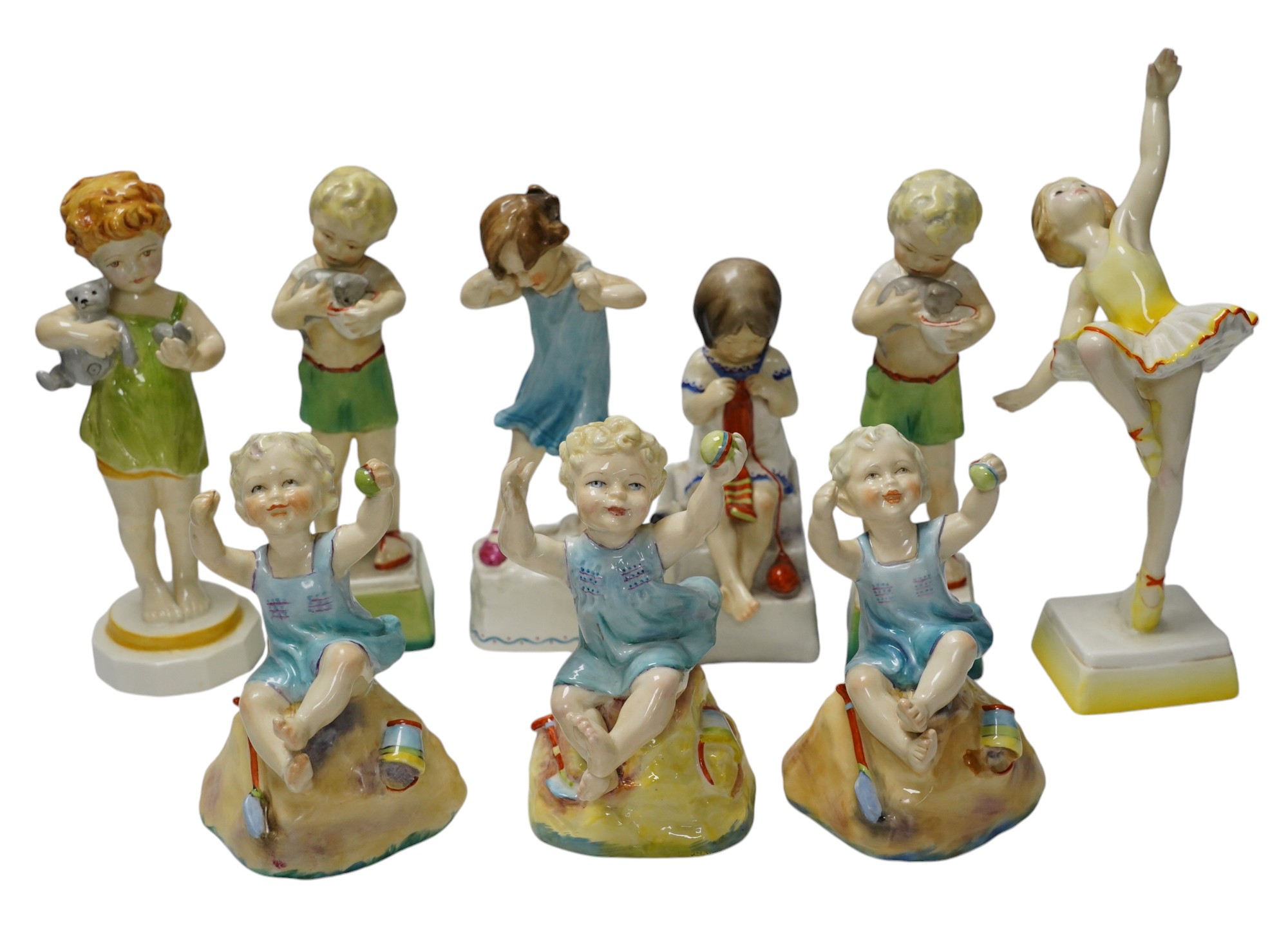Nine Worcester F G Doughty 'days of week' figures, 3262, 3259, 3259, 3258 & 3261, largest 21cm high. Condition - good